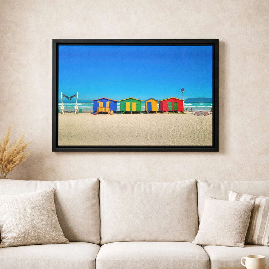Colorful Beach Huts Canvas Wall Art | Vibrant Coastal Seaside Landscape | Premium Gallery-Wrapped Print | Home Decor for Living Room