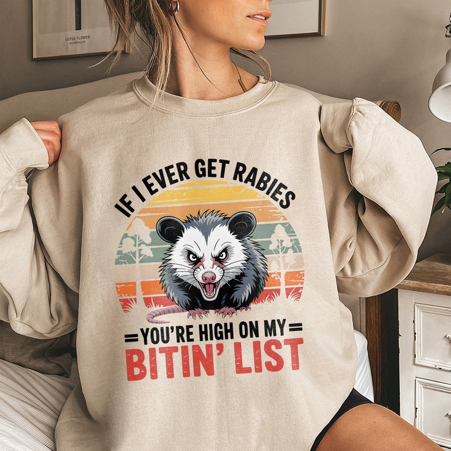 If I Ever Get Rabies Possum Sweatshirt | Retro Sunset Funny Opossum Graphic | Premium Unisex Crewneck | Dark Humor Sarcastic Gift for Animal Lovers