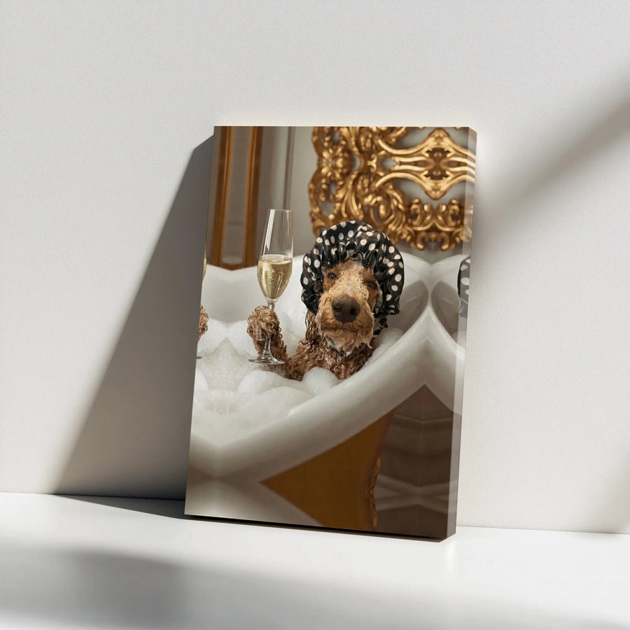Funny Dog in Bathtub Canvas | Poodle with Champagne & Shower Cap | Premium Gallery Wrapped Art | Unique Bathroom Decor Gift for Dog Mom