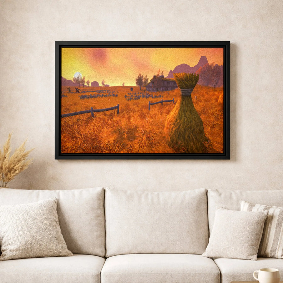 Farm Landscape Canvas Print | Golden Wheat Field Sunset Art | Gallery Quality Gallery Wrap | Rustic Country Home Decor Wall Art