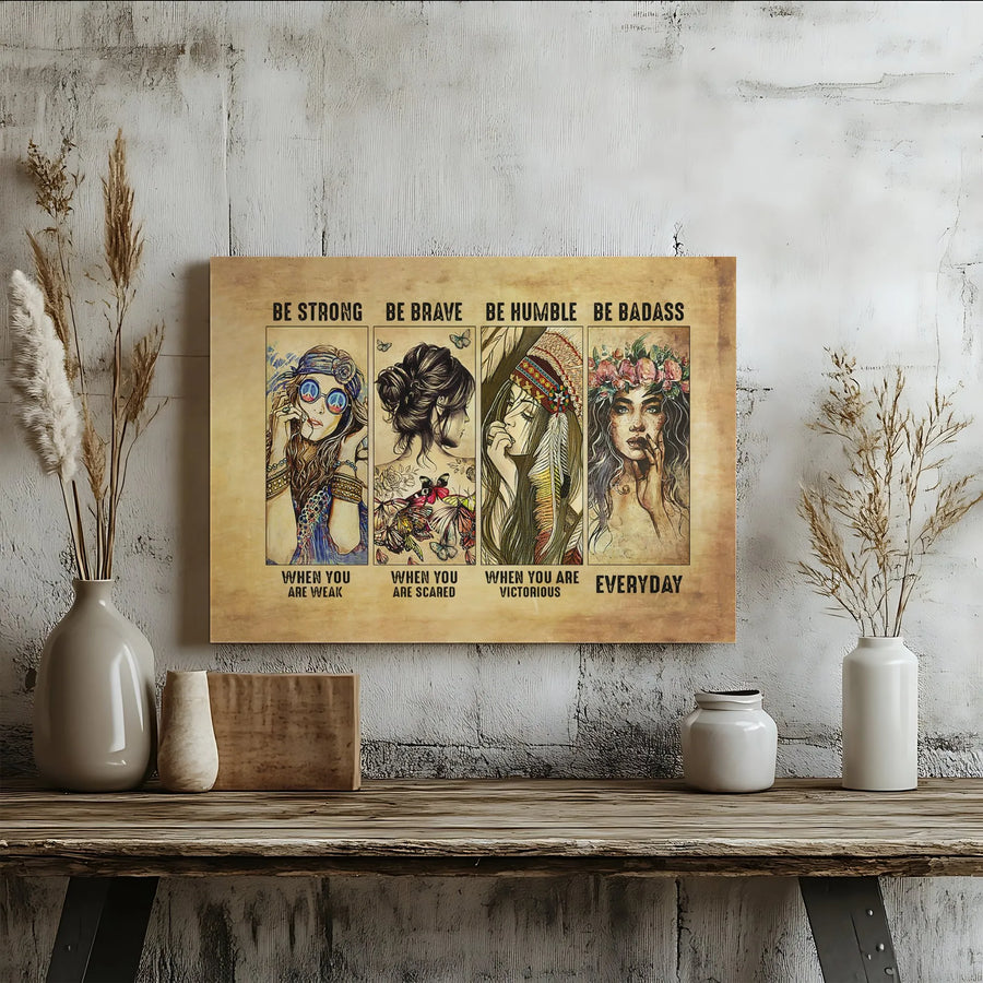 Inspirational Women Wall Art | Be Strong Brave Humble Badass Quote Canvas | Premium Gallery Wrapped Decor | Empowerment Gift for Her
