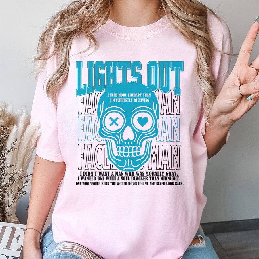 Lights Out Skull T-Shirt | Edgy Aesthetic Graphic Print | Premium 100% Cotton Tee | Gift for Dark Humor & Dark Romance Fans