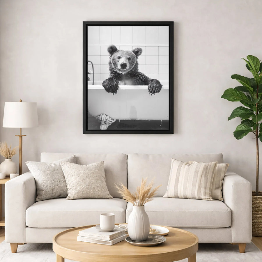 Bear in Bathtub Wall Art | Funny Animal Portrait Photography | Premium 1.25-Inch Gallery Wrapped Canvas | Whimsical Bathroom Decor