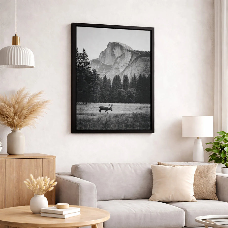 Yosemite Half Dome Wall Art | Black and White Elk Nature Landscape | Premium Gallery Canvas | National Park Decor Gift for Adventurers