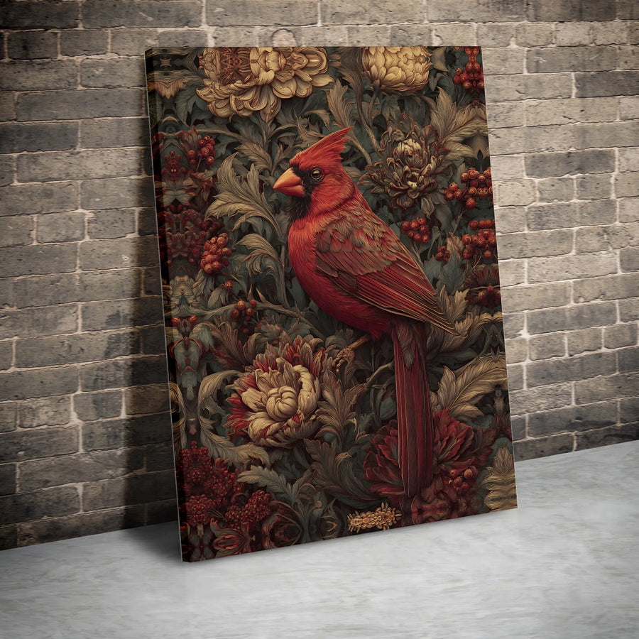 Red Cardinal Canvas Wall Art | Vintage Moody Floral Illustration | Premium Gallery Quality Print | Bird Watcher Nature Lover Gift