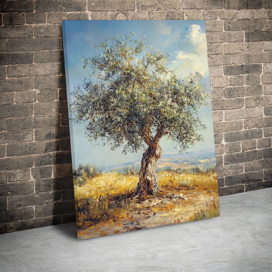 Olive Tree Oil Painting Wall Art | Textured Impasto Mediterranean Landscape | Premium Gallery Wrapped Canvas | Mediterranean Home Decor Gift