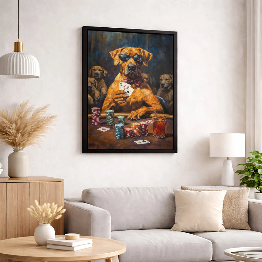 Dogs Playing Poker Canvas Wall Art | Funny Gambling Dog Print | 1.25-Inch Gallery Wrapped Premium Canvas | Man Cave Poker Room Decor Gift