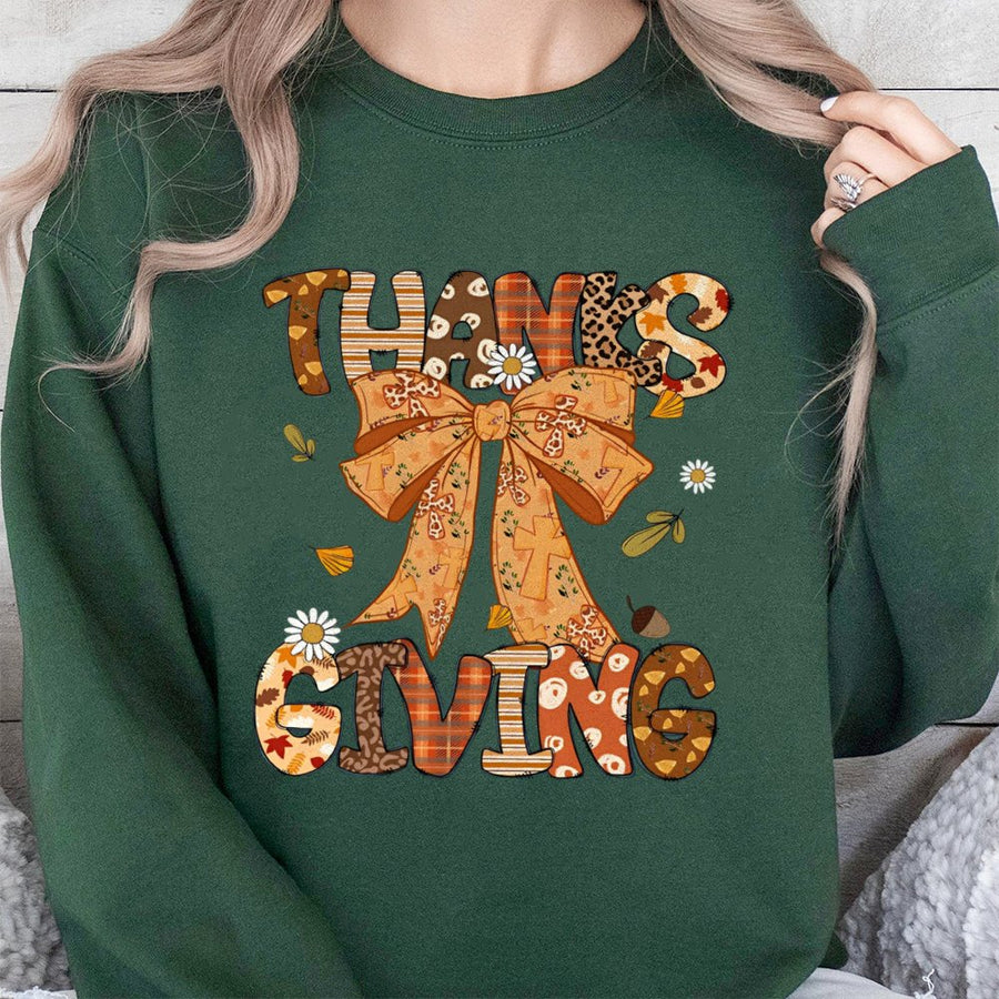 Thanksgiving Coquette Bow Sweatshirt | Fall Aesthetic Autumn Graphic | Cotton Blend Premium Apparel | Cute Holiday Gift for Women & Girls