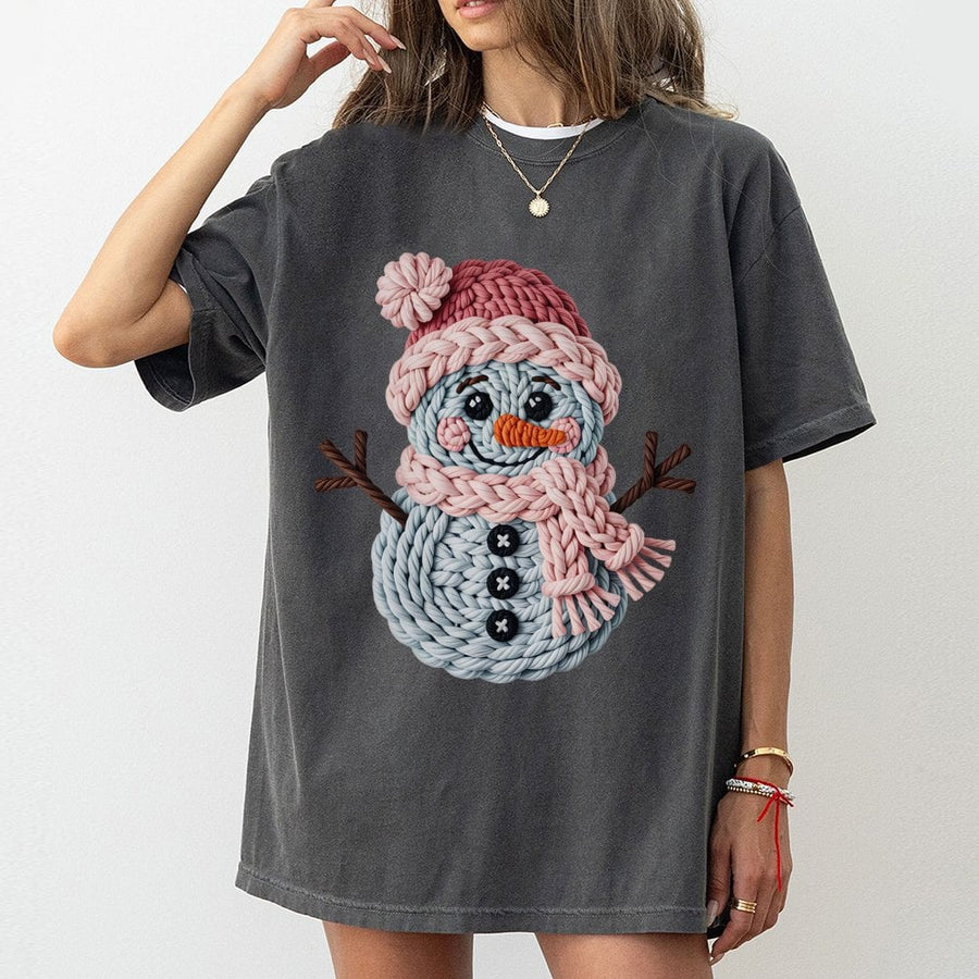 Christmas Snowman T-Shirt | Faux Crochet Yarn Graphic Design | Premium Cotton Comfort | Holiday Gift For Women And Men