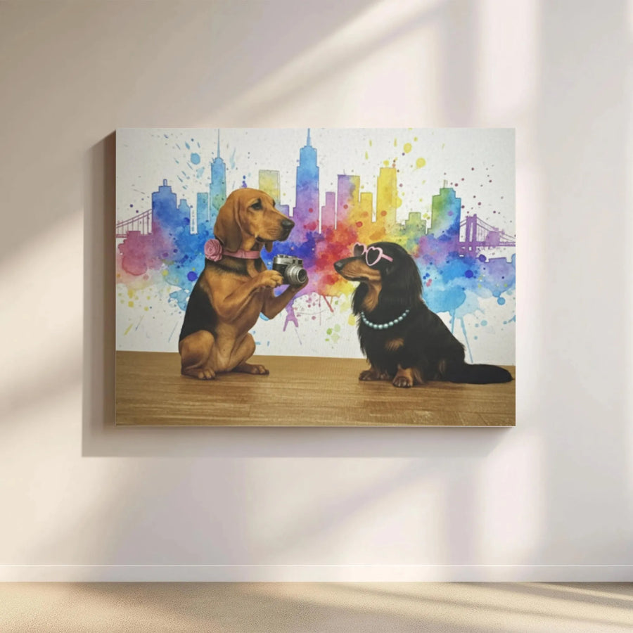 Dachshund Dog Wall Art | Watercolor City Skyline Canvas Print | 1.25” Premium Gallery Wrap | Unique Pet Lover Gift for Home Decor