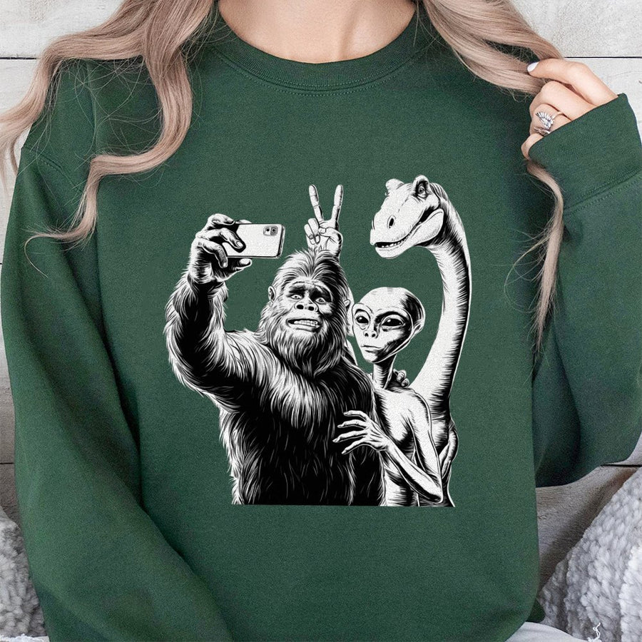Bigfoot Alien Selfie Sweatshirt | Funny Cryptid Graphic Crewneck | Premium Cotton Blend | Quirky Gift for UFO Believers and Sasquatch Fans