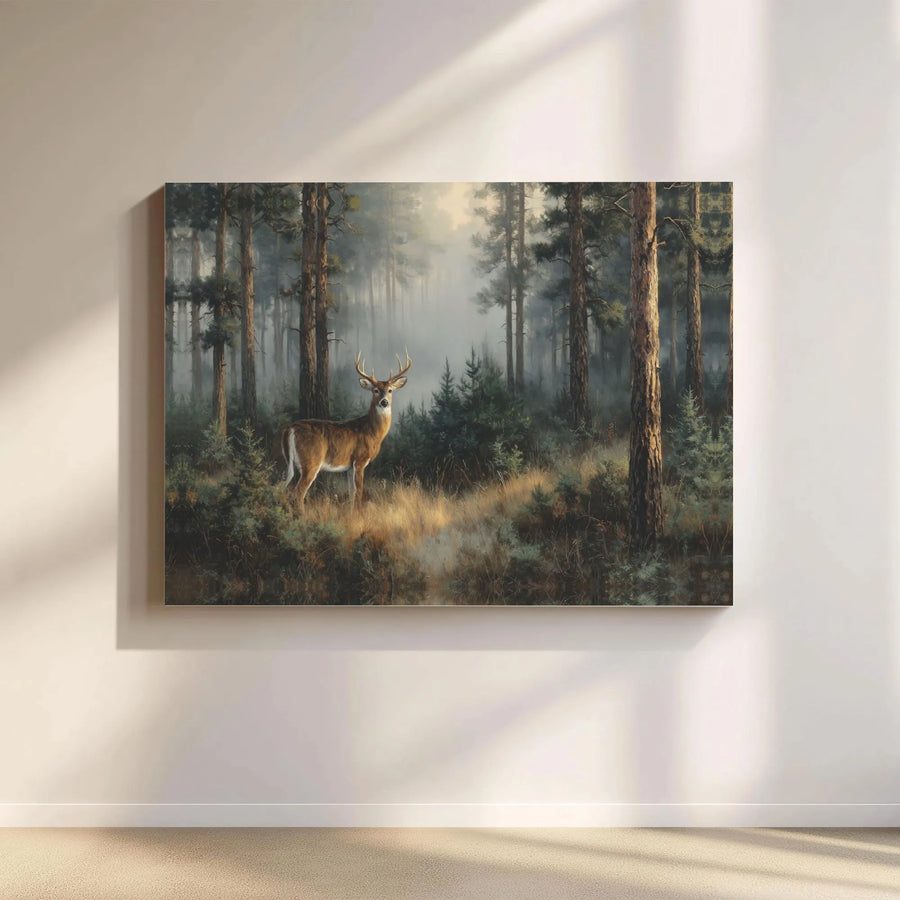 Majestic Buck Deer Forest Horizontal Canvas | Misty Pine Woods Wildlife Painting | Premium 1.25 Inch Gallery Wrap Wall Art | Rustic Cabin Decor Gift for Nature Lovers