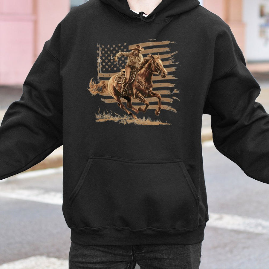 Cowboy Horse Hoodie | Patriotic American Flag Western Graphic | Premium Cotton Blend | Gift for Rancher Country Music Lover