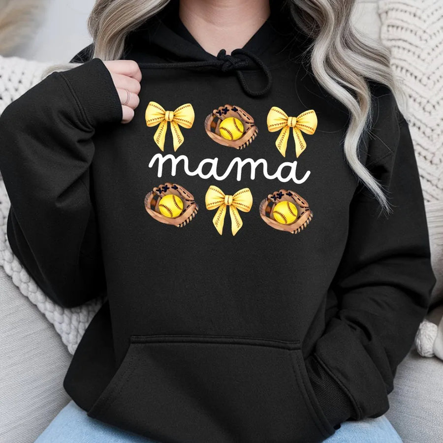Softball Mama Hoodie | Coquette Bow and Glove Print | Cotton-Polyester Premium Blend | Cute Game Day Gift for Baseball and Softball Mom