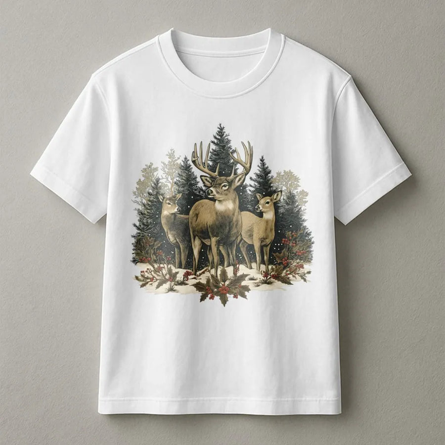 Vintage Deer T-Shirt | Winter Forest Graphic Nature Art | Premium Soft Cotton Tee | Outdoorsy Gift For Wildlife Lovers & Hunters