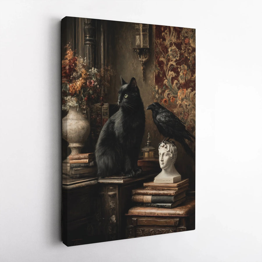 Gothic Black Cat and Raven Canvas Wall Art | Dark Academia Oil Painting Style | Premium Gallery Wrap Decor | Moody Library Home Office Gift