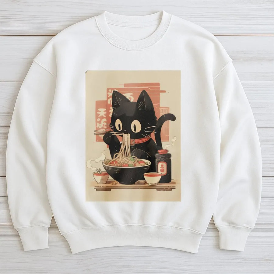 Ramen Cat Sweatshirt | Kawaii Anime Black Cat Graphic | Premium Cotton Blend | Funny Gift for Cat Lovers and Anime Fans