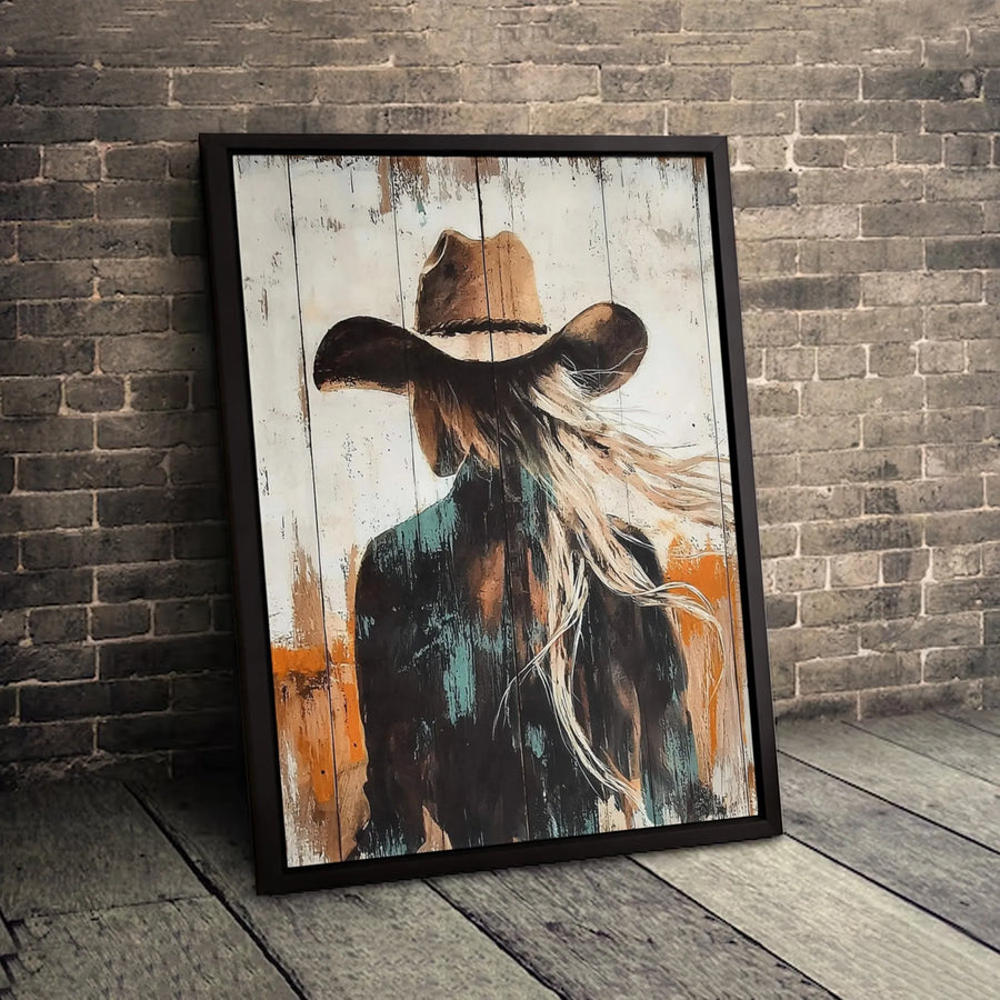 Cowgirl Wall Art Canvas | Abstract Western Portrait with Windy Hair | Premium Gallery Wrapped Print | Rustic Home Decor Gift for Her