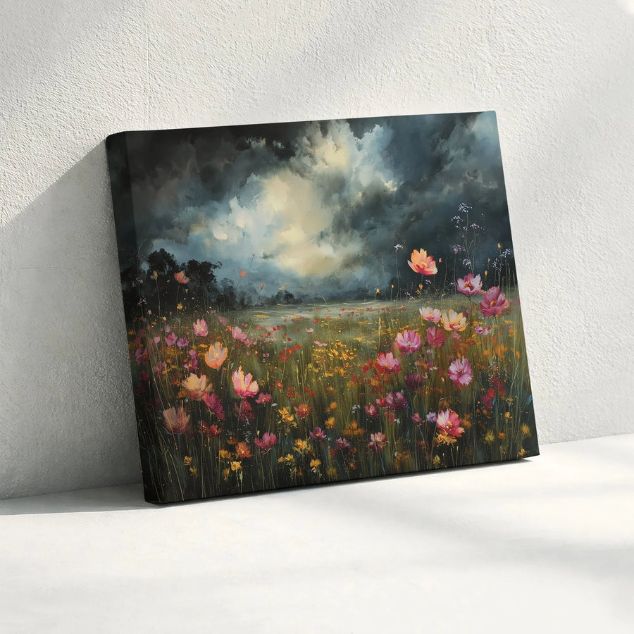 Wildflower Meadow Canvas Wall Art | Moody Floral Landscape Painting Print | Thick Gallery Wrap Canvas | Modern Farmhouse Wall Decor Gift