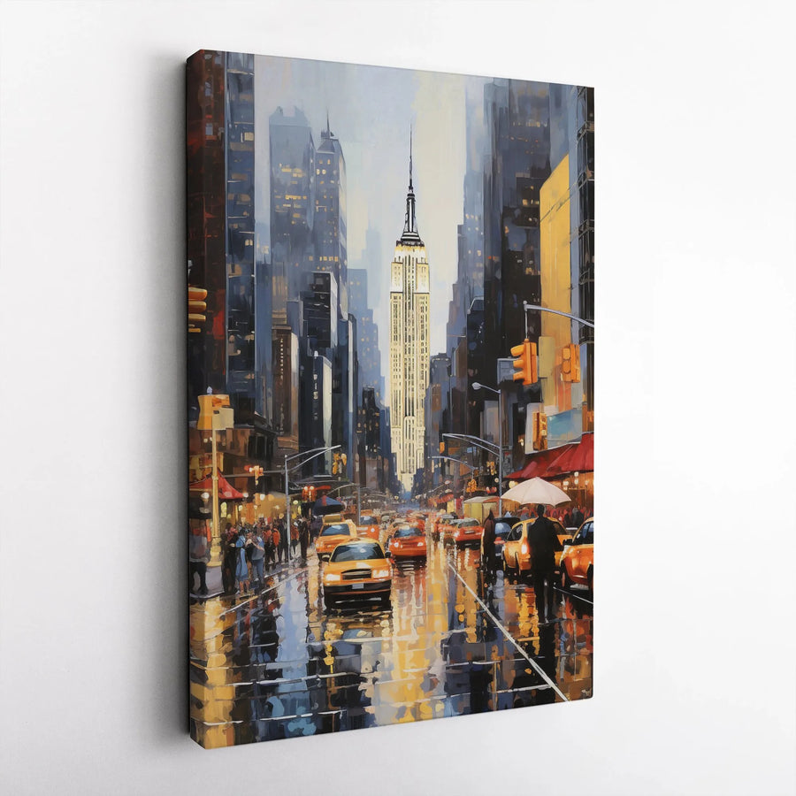 New York City Canvas Wall Art | Impressionist Rainy Night Painting with Yellow Cabs | Premium Gallery Wrapped Canvas | Modern Cityscape Home Decor Gift
