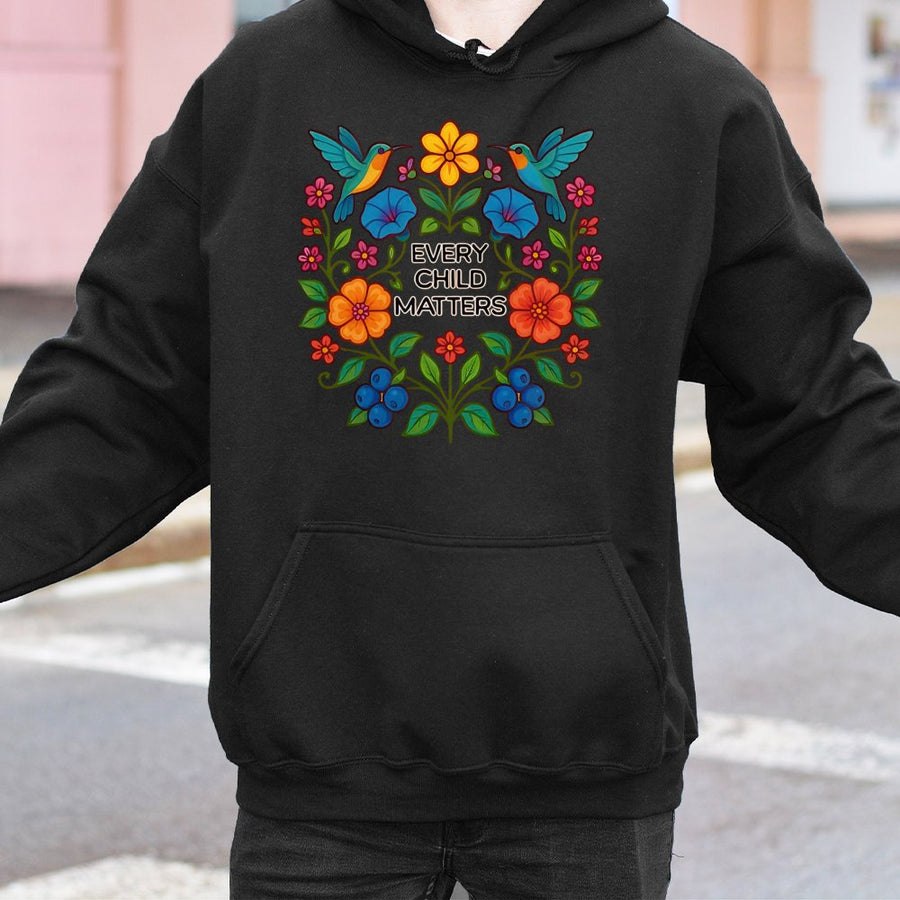 Every Child Matters Hoodie | Floral Hummingbird Indigenous Design | Cotton-Poly Blend Sweatshirt | Orange Shirt Day Awareness Gift