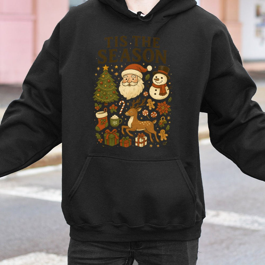Tis The Season Christmas Hoodie | Retro Santa and Snowman Graphic | Premium Cotton Blend | Cozy Holiday Gift for Women and Men