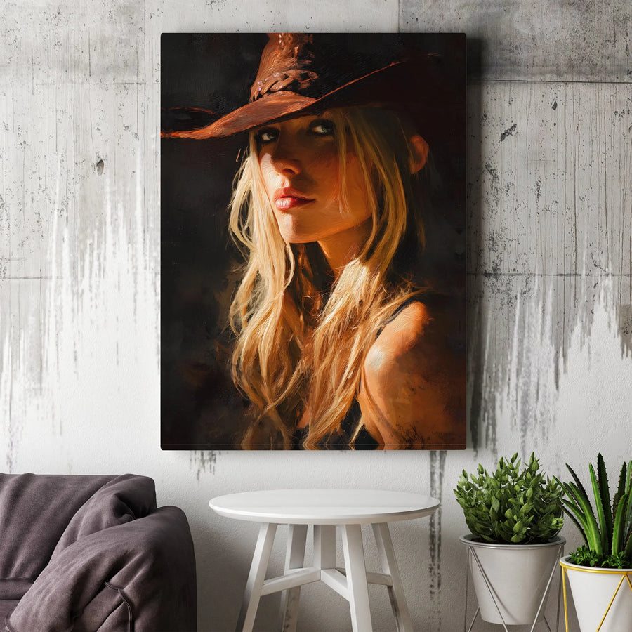Cowgirl Portrait Canvas Wall Art | Dramatic Western Oil Painting Style | Premium Fade-Resistant Print | Southwestern Home Decor Gift