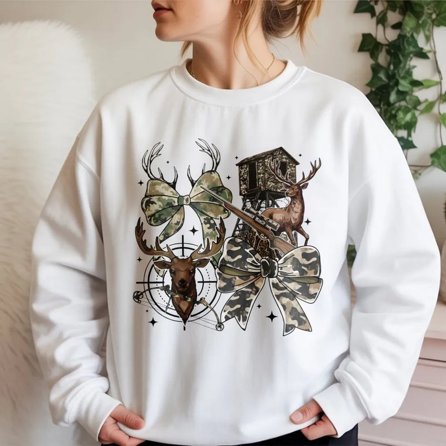Hunting Season Sweatshirt | Deer Camo Bow Coquette Graphic | Premium Cotton Blend Crewneck | Outdoor Gift for Hunters Women and Men