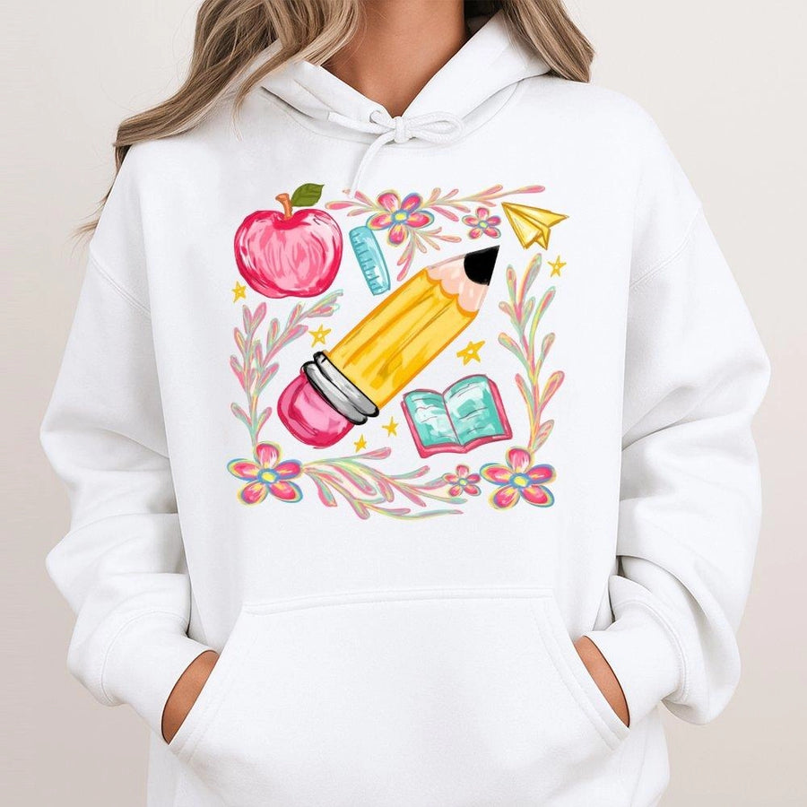 Teacher Appreciation Hoodie | Cute Apple Pencil Floral School Supplies Graphic | Premium Cotton Blend | Gift for Elementary School Teachers