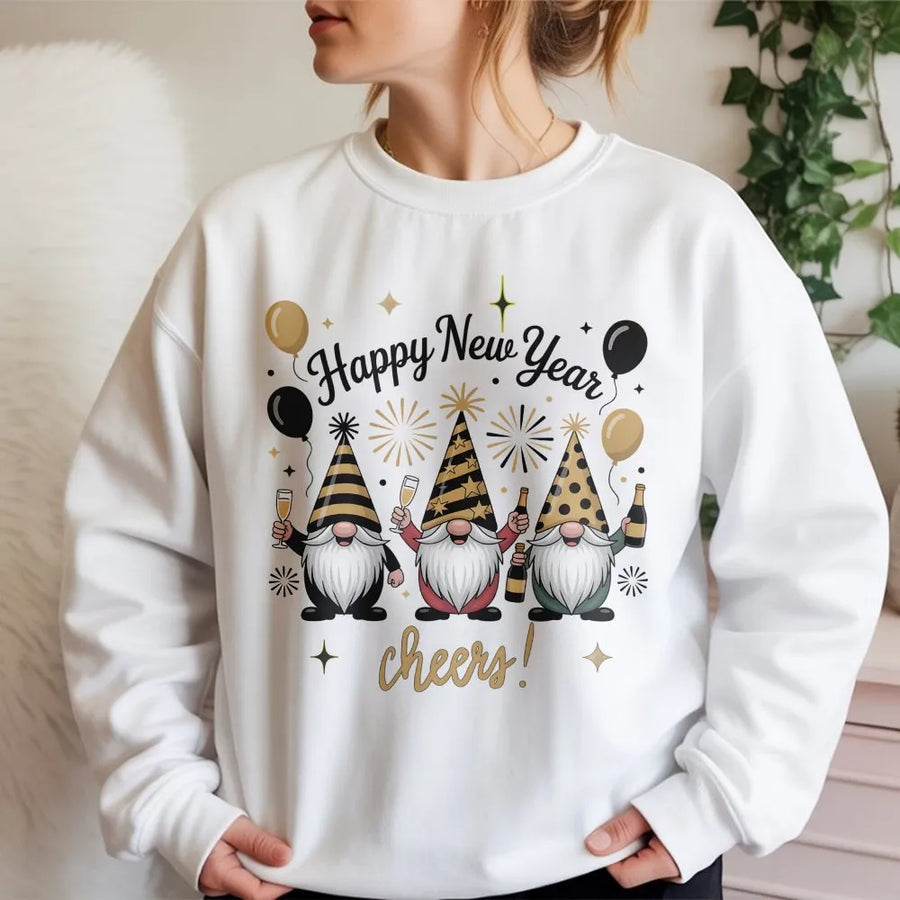 New Year Party Sweatshirt | Happy New Year Gnomes Graphic Design | Premium Cotton Blend Crewneck | Unisex Festive Holiday Gift for Adults