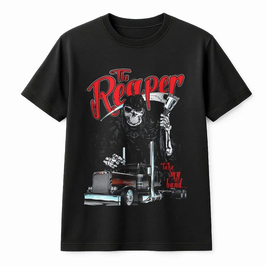 Grim Reaper Trucker T-Shirt | Semi Truck Skull Graphic Design | Premium Cotton Road Life Tee | Gift for Long Haul Driver Dad