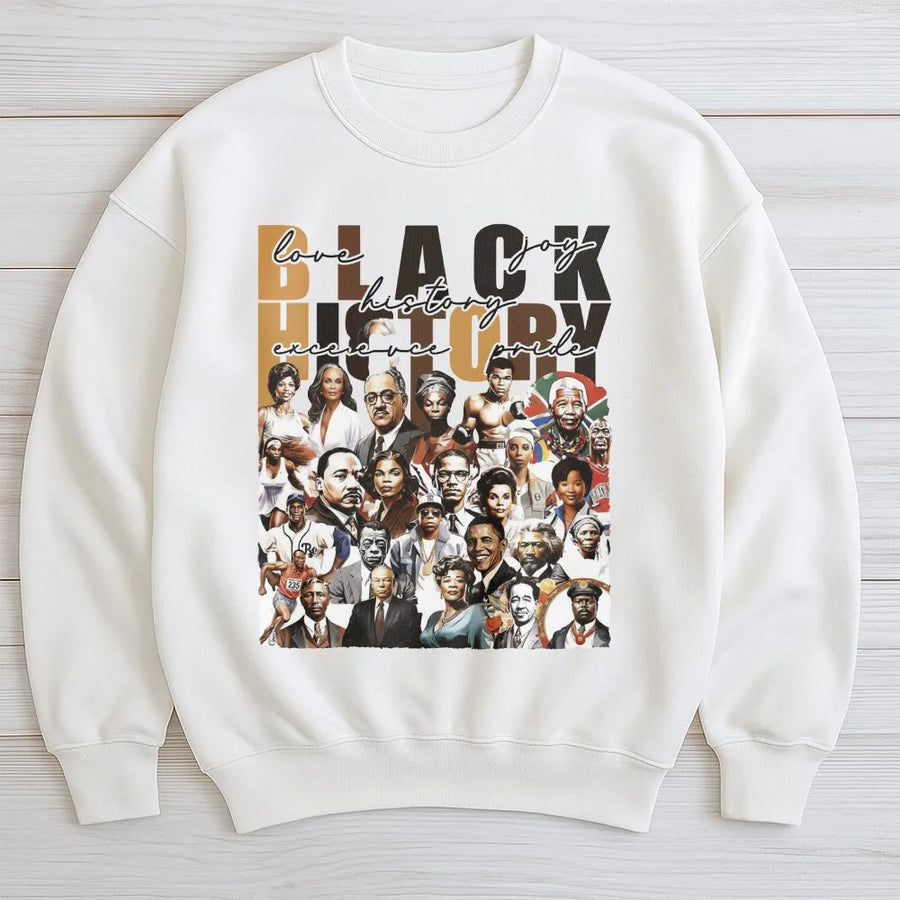 Black History Month Sweatshirt | Iconic Leader Collage Graphic Print | Cotton Blend Premium Crewneck | Unisex Cultural Pride Gift for Adults