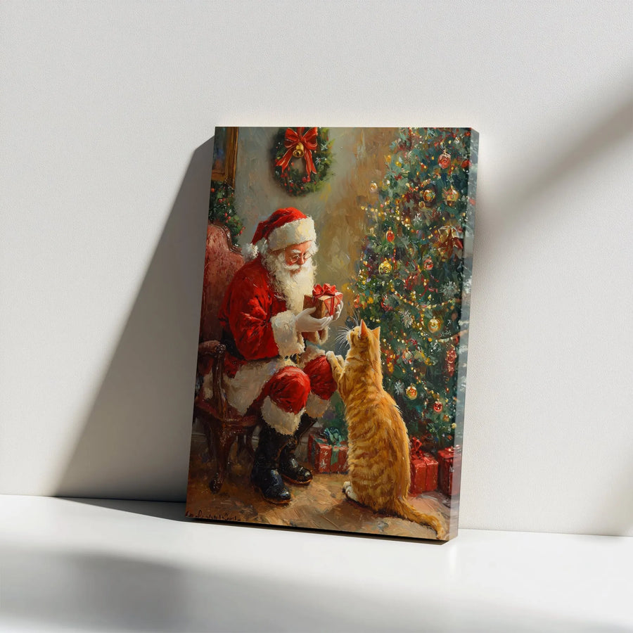 Santa Claus and Cat Canvas Wall Art | Vintage Christmas Painting Print | Premium Gallery-Wrapped Art | Festive Holiday Home Decor Gift