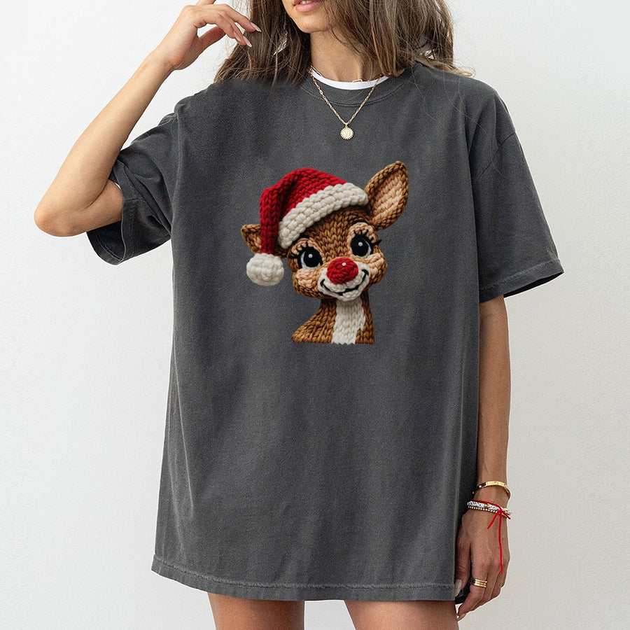 Cute Reindeer Christmas T-Shirt | Crochet Look Holiday Graphic Tee | 100% Cotton Premium Shirt | Festive Gift for Women and Men