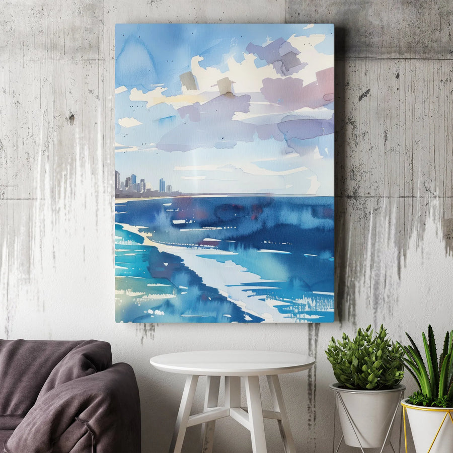 Coastal City Skyline Canvas Print | Abstract Watercolor Ocean Beach Scene | Premium 1.25-Inch Gallery Wrap | Modern Home Decor Wall Art Gift