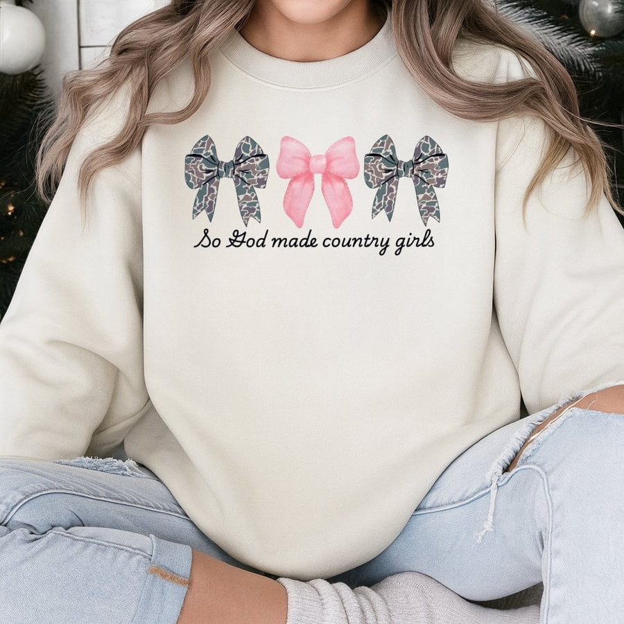 God Made Country Girls Sweatshirt | Coquette Bows Camo Graphic | Premium Cotton Blend Crewneck | Trendy Southern Western Gift for Her