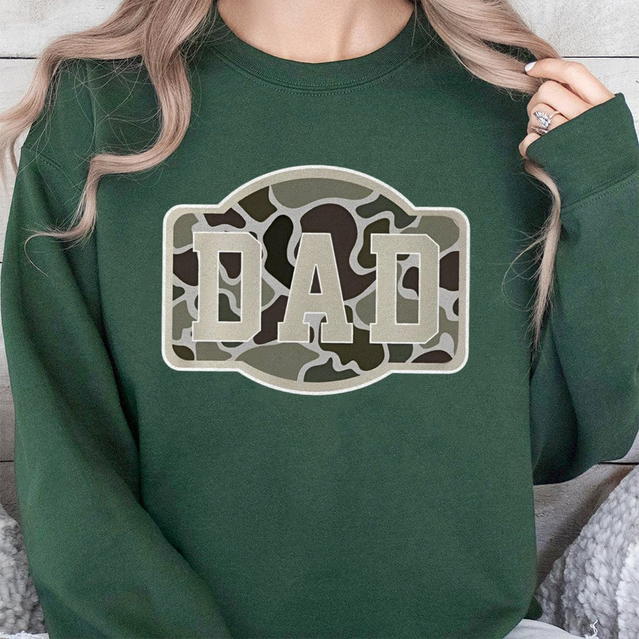 Camo Dad Sweatshirt | Military Pattern Varsity Text | Soft Cotton Blend Unisex Pullover | Premium Gift for Father, Hunting Enthusiast, or Army Veteran