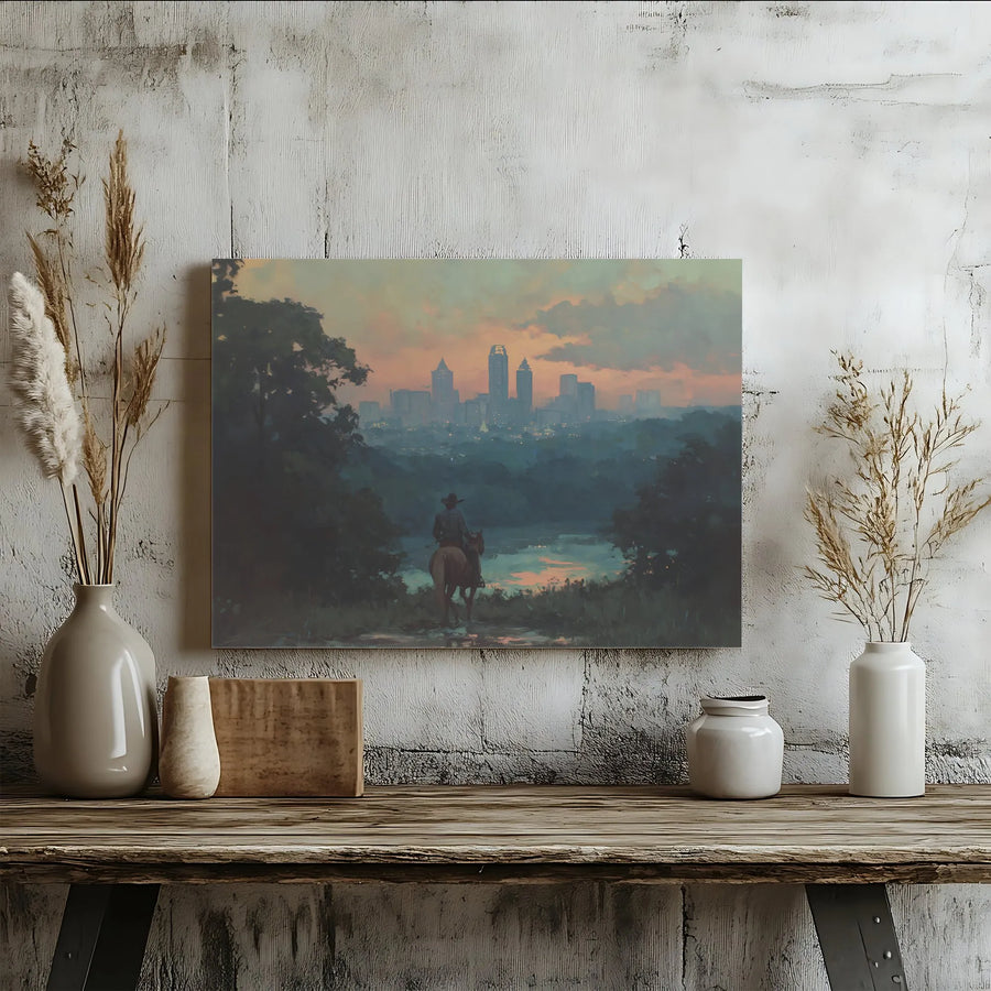 Charlotte NC Skyline Canvas Print | Cowboy Overlooking Cityscape | Premium Gallery Wrapped Art | Western Home Decor Gift for Men