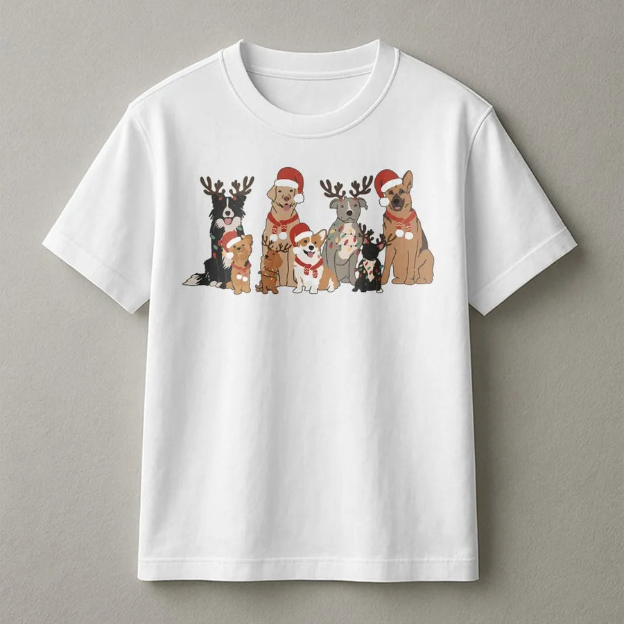 Christmas Dogs T-Shirt | Funny Holiday Group of Puppies Wearing Santa Hats | Premium Soft Cotton Unisex Tee | Best Gift for Dog Lovers & Moms