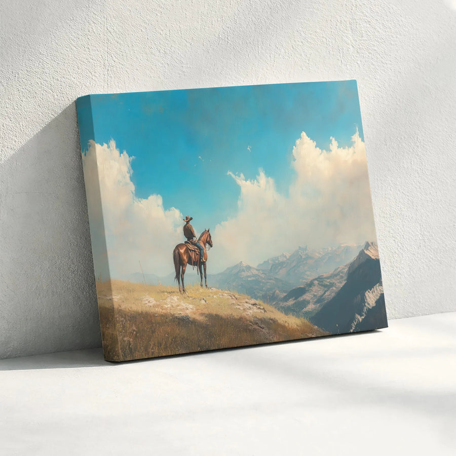 Western Cowboy Wall Art | Horseback Mountain Landscape Canvas Print | Premium Gallery-Wrapped Decor | Rustic Farmhouse Living Room Gift