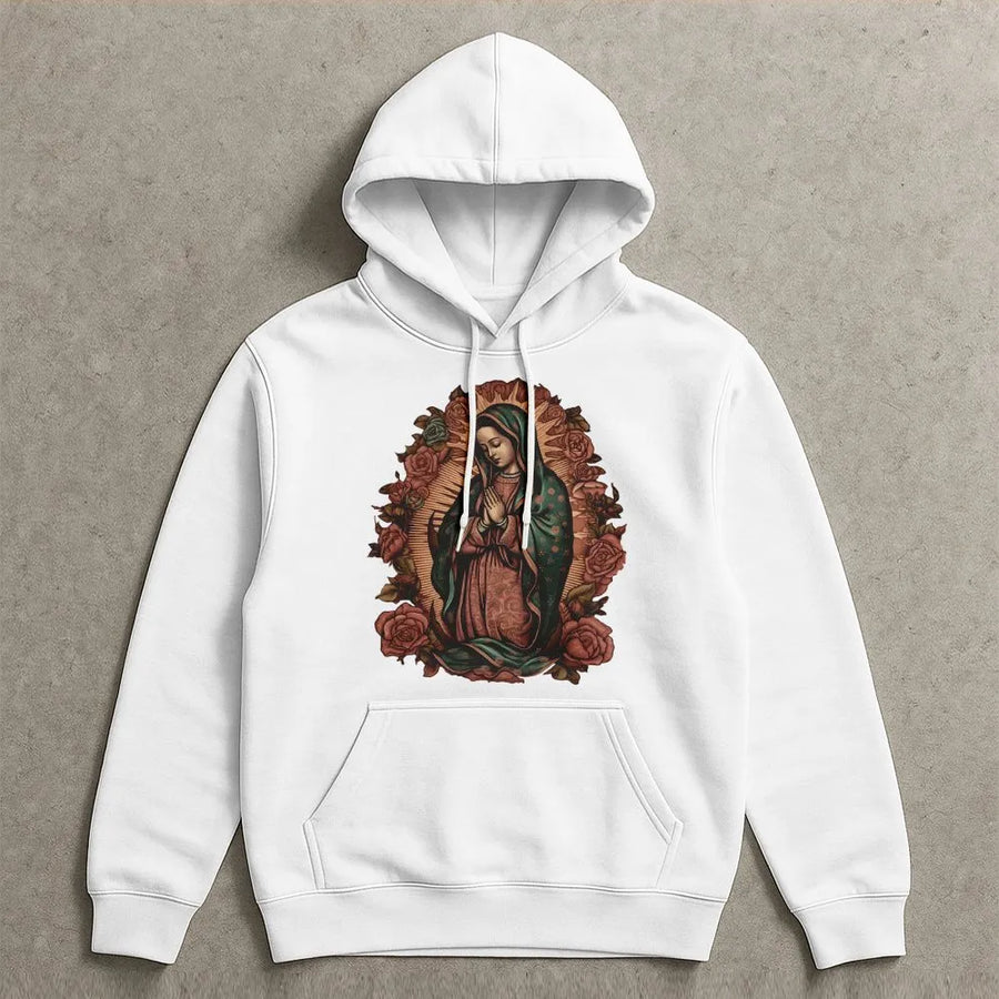 Virgen De Guadalupe Hoodie | Retro Virgin Mary Floral Graphic | Premium Cotton Blend Unisex Sweatshirt | Religious Gift For Women And Men