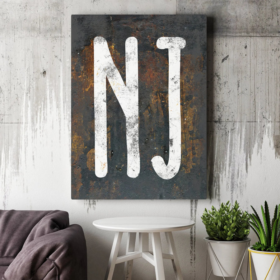 New Jersey State Abbreviation Canvas Art | Rustic Industrial NJ Typography | Premium Gallery-Wrapped Print | Home Office Wall Decor Gift
