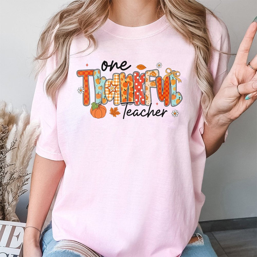 One Thankful Teacher T-Shirt | Fall Pumpkin Aesthetic Graphic Tee | 100% Cotton Premium Quality | Thanksgiving Gift For Teachers
