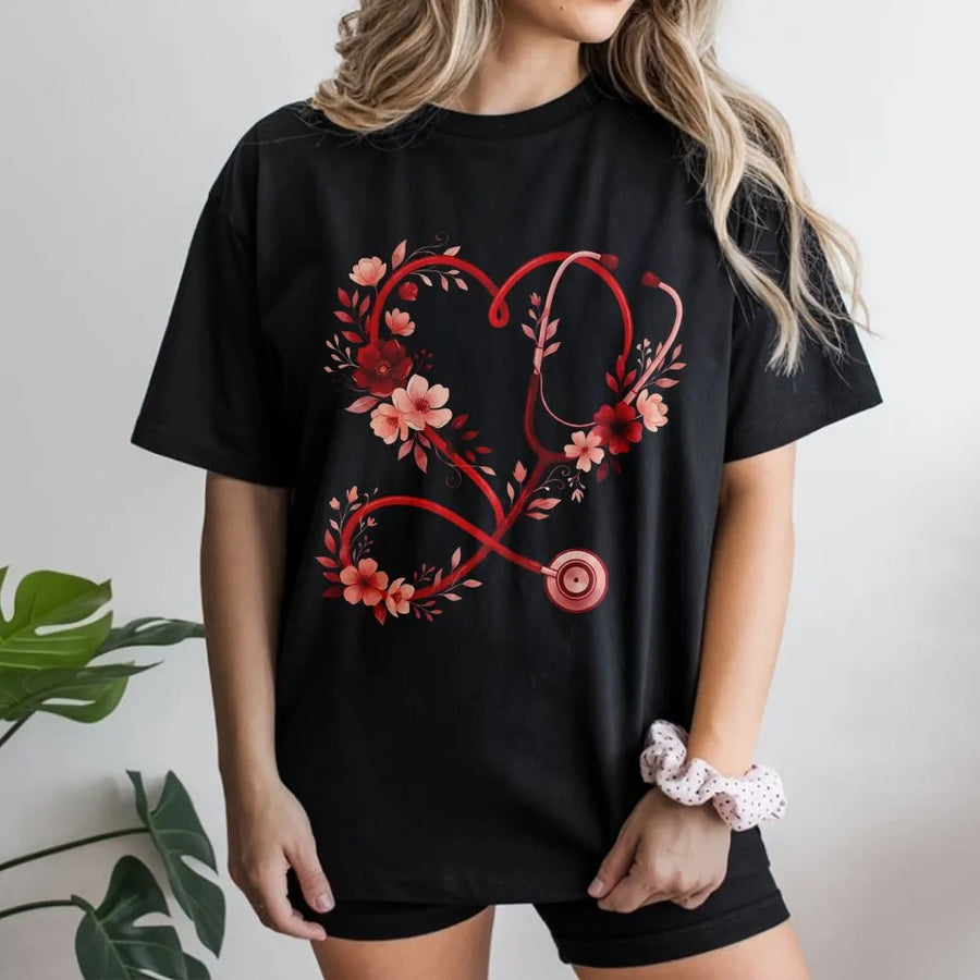 Nurse Stethoscope T-Shirt | Floral Heart Graphic Design | Premium Cotton Tee | Valentine's Day Gift For Nurses & Nursing Students
