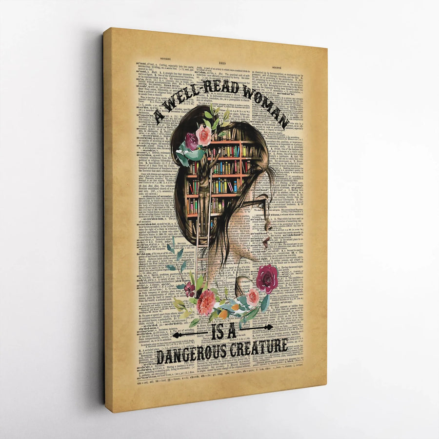 Well Read Woman Wall Art | Bookshelf Hair Dictionary Print | Premium 1.25-Inch Framed Canvas | Literary Decor Gift for Book Lovers