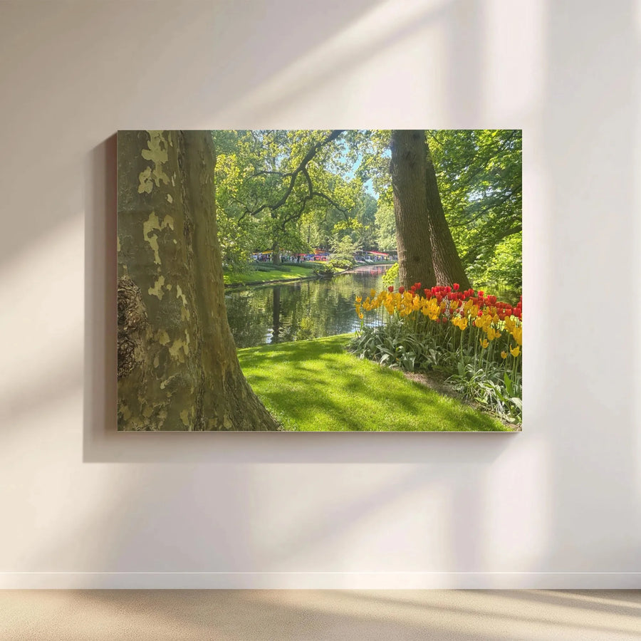Spring Park Landscape Canvas Print | Red and Yellow Tulip Garden Wall Art | 1.25 Inch Gallery Wrap | Botanical Home Decor for Living Room