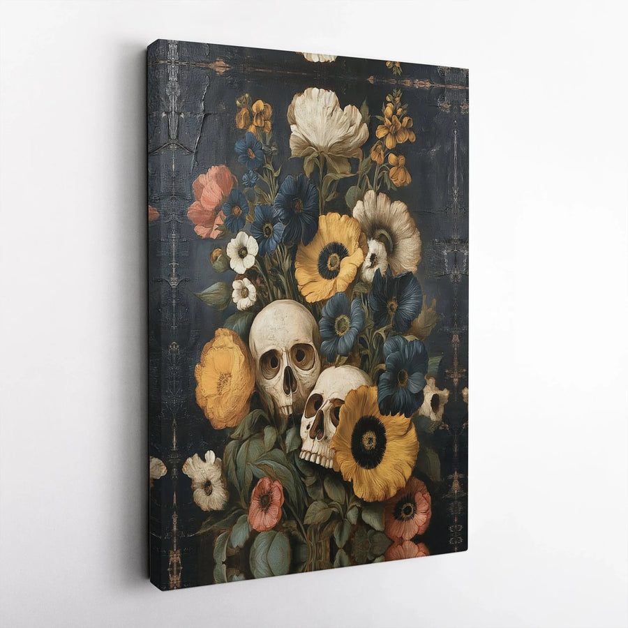 Skull Floral Bouquet Canvas Wall Art | Dark Academia Still Life Painting | Premium Gallery Wrap Print | Gothic Home Decor Gift