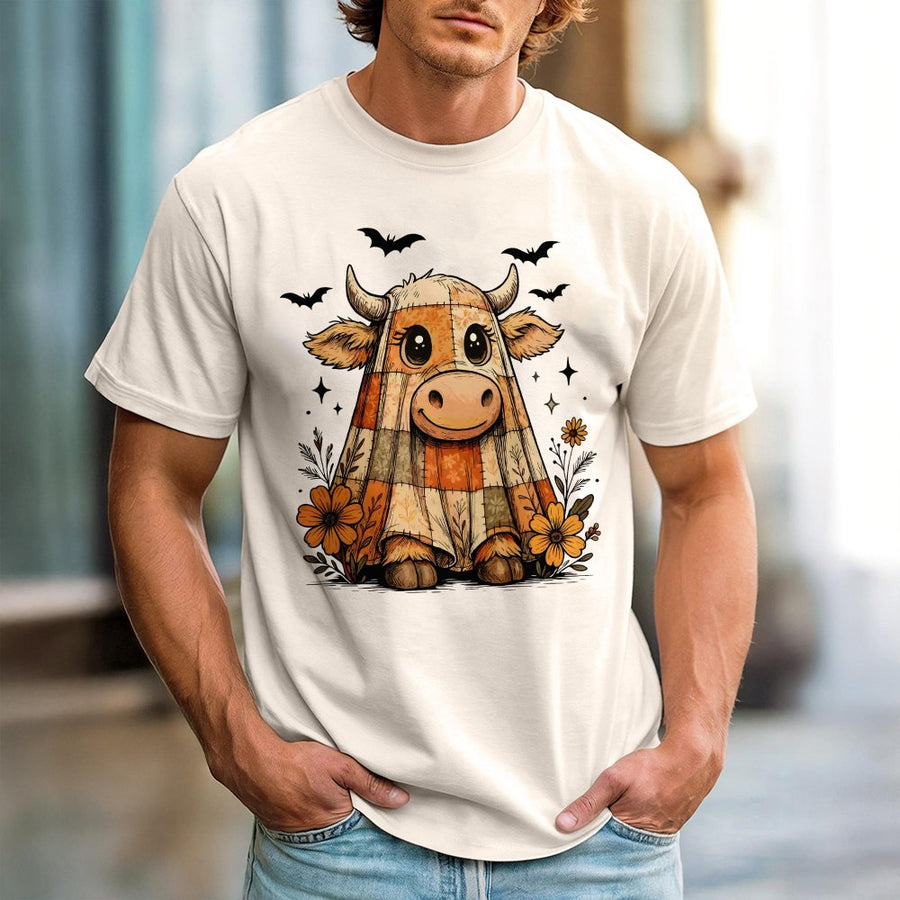 Highland Cow Ghost T-Shirt | Spooky Cute Fall Pumpkin Quilt Design | Premium 100% Cotton Tee | Halloween Autumn Gift for Women & Girls