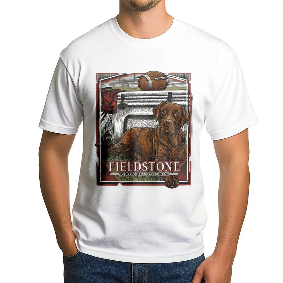 Chocolate Lab T-Shirt | Tailgate Football Dog Graphic Print | Premium 100% Cotton | Outdoor Lifestyle Gift For Dog Lovers And Sports Fans
