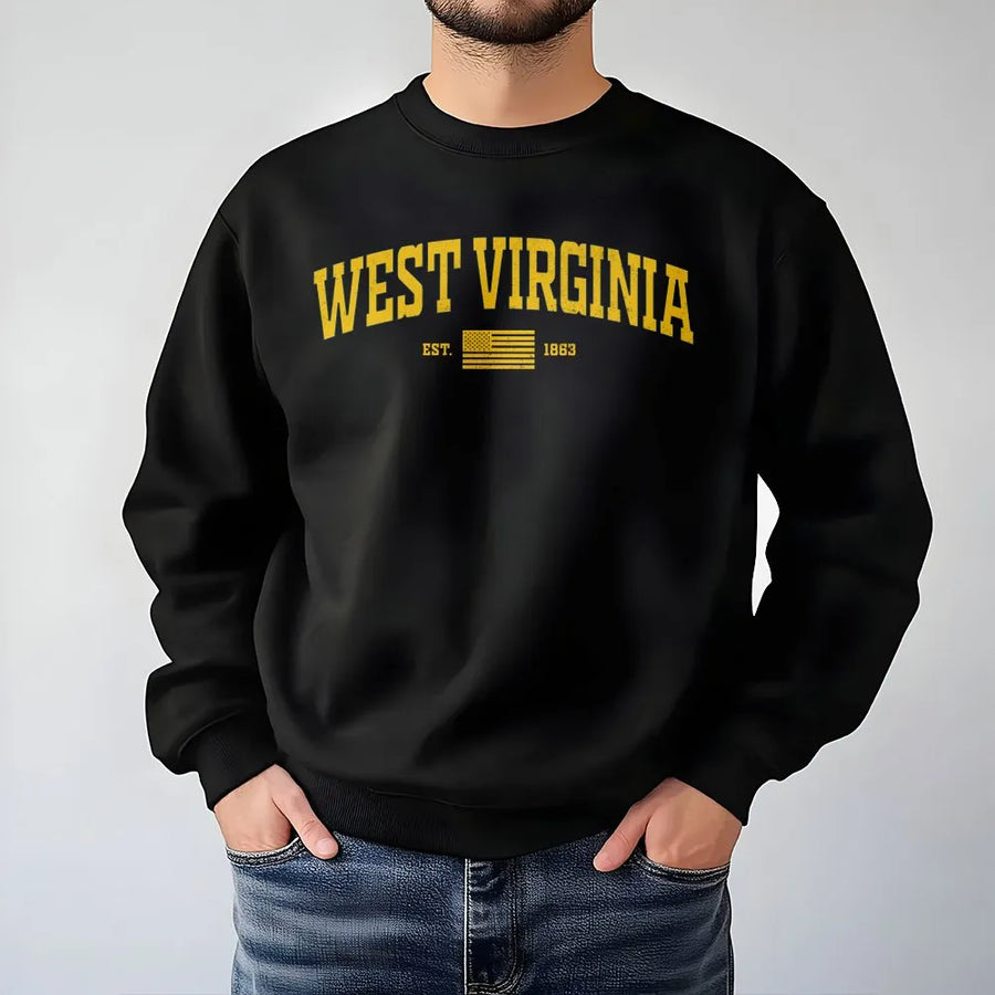 Vintage West Virginia Sweatshirt | Varsity Style Est. 1863 Graphic | Soft Cotton Blend Sweatshirt | State Pride Souvenir Gift for Men & Women